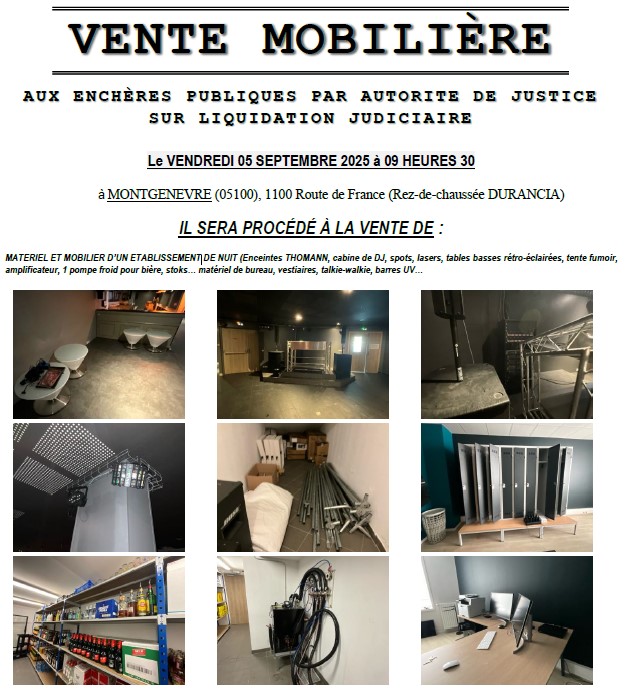 VENTE MOBILIÈRE à MONTGENEVRE, VENDREDI 05 SEPTEMBRE 2025 à 09 HEURES 30 VENTE MOBILIÈRE à MONTGENEVRE, VENDREDI 05 SEPTEMBRE 2025 à 09 HEURES 30